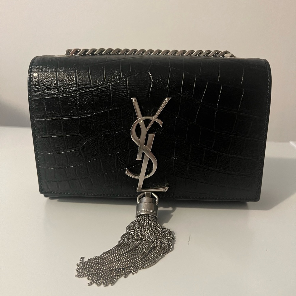 Small Saint Laurent Black-Croc Embossed Monogram Bag